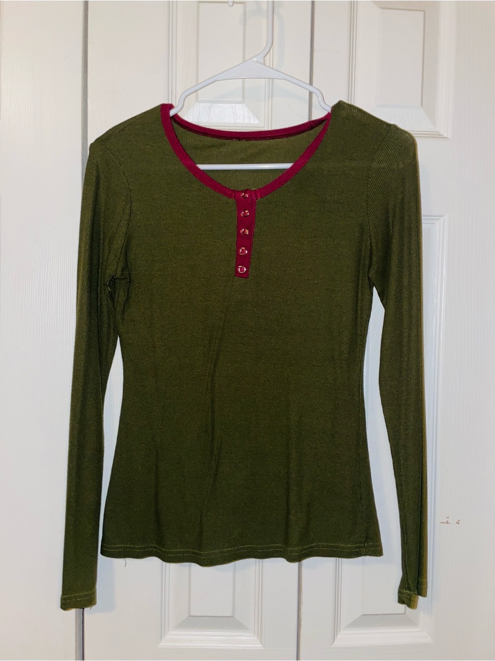 Long-Sleeve Olive Henley Top with Berry Trim